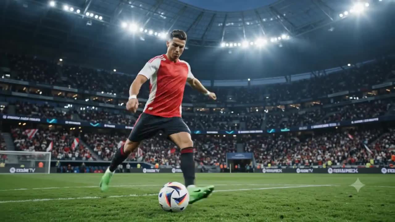 Delantero golpeando el balón en un estadio iluminado; el plano acaba en imágenes de archivo en blanco y negro.